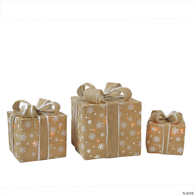Northlight - Set of 3 Lighted Natural Snowflake Burlap Gift Boxes Christmas Outdoor Decorations Image