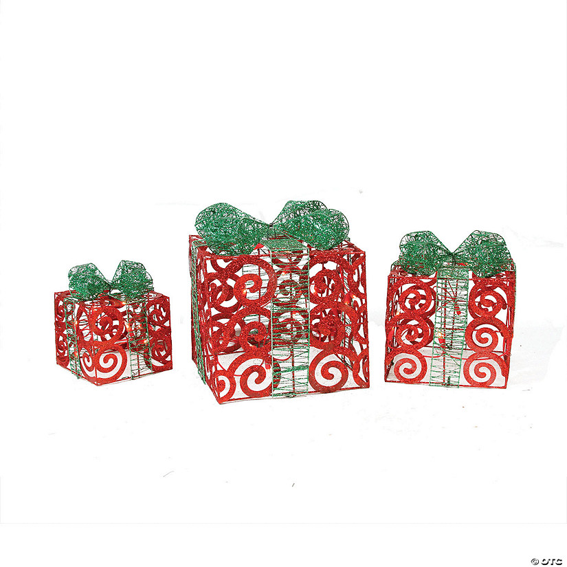 Northlight - Set of 3 Lighted Sparkling Red Swirl Glitter Gift Boxes Outdoor Christmas Decorations Image