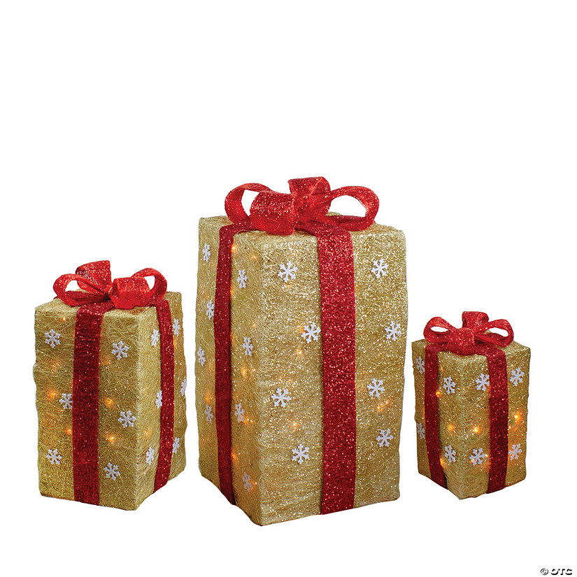 Northlight Set of 3 Lighted Tall Gold Sisal Gift Boxes