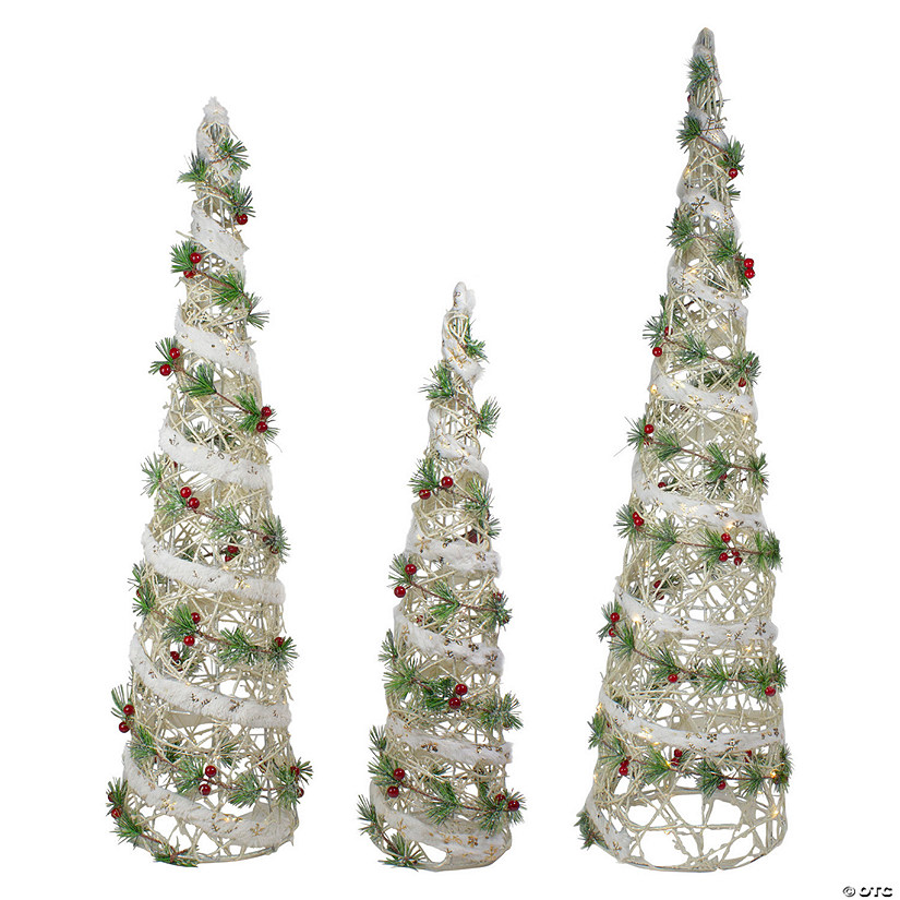 Northlight Set of 3 Lighted White Berry and Pine Needle Cone Tree Christmas Decorations Image
