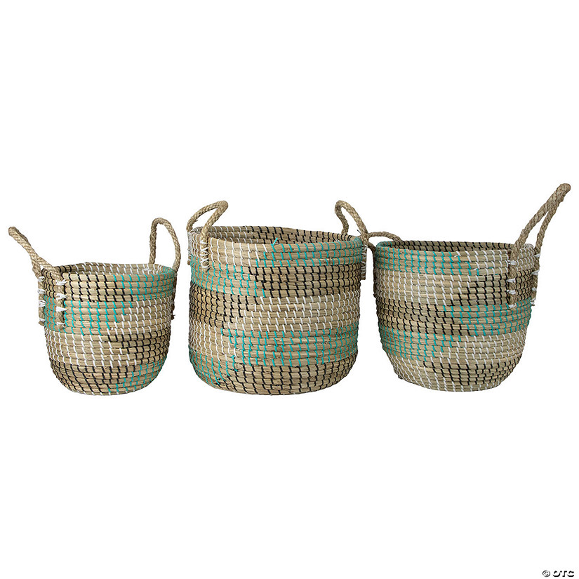 Northlight Set of 3 Natural Woven Seagrass Basket with Teal Black and White Accents Image