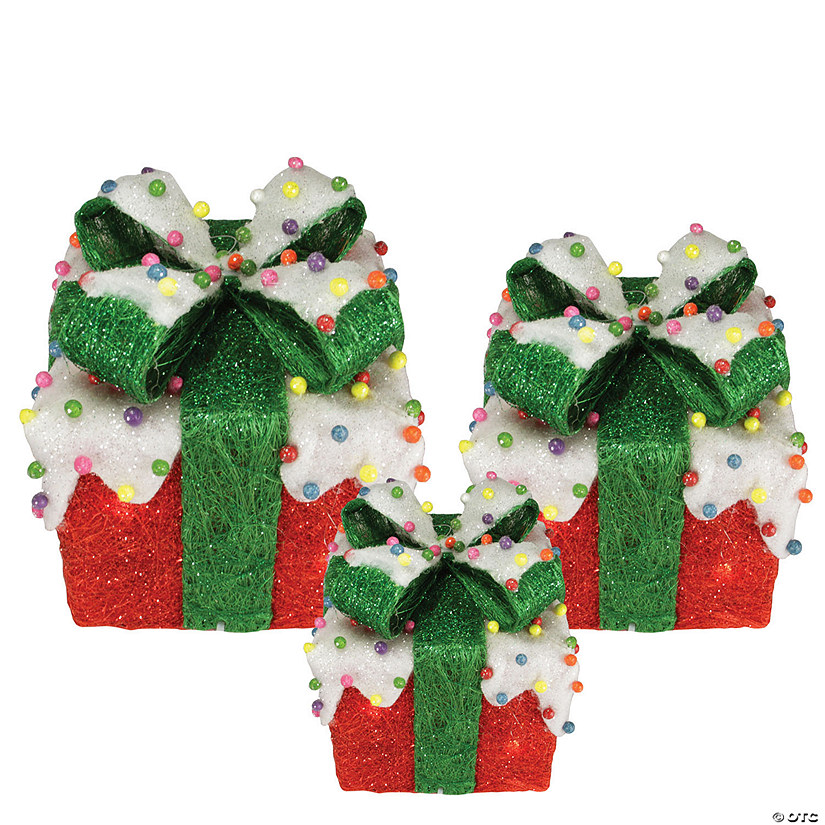 Northlight - Set of 3 Pre-Lit Snow and Candy Covered Sisal Gift Boxes Christmas Outdoor Decorations Image