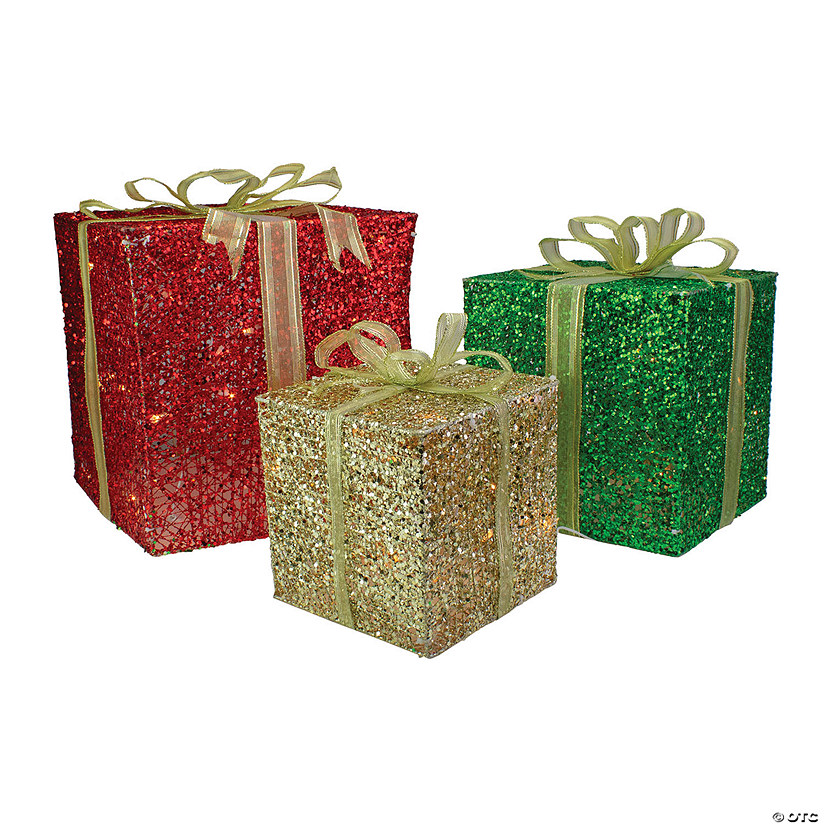 Northlight - Set of 3 Red and Green Gift Box Lighted Christmas Outdoor Decoration Image