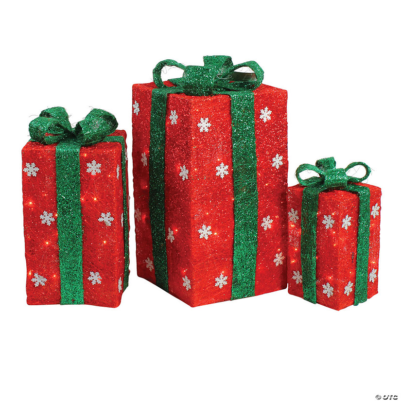 Northlight - Set of 3 Red and Green Lighted Gift Boxes with Bows Outdoor Christmas Decorations Image