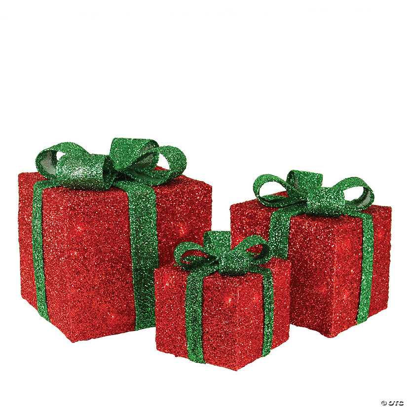 Northlight - Set of 3 Red and Green Tinsel Gift Boxes with Bows Lighted Christmas Outdoor Decorations Image