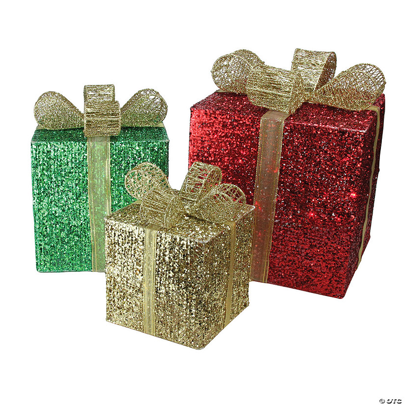 Northlight - Set of 3 Red Pre-Lit Glittering Gift Boxes Christmas Outdoor Decor Image