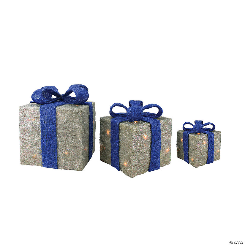 Northlight - Set of 3 Silver and Blue Lighted Gift Boxes Outdoor Christmas Yard Decor Image