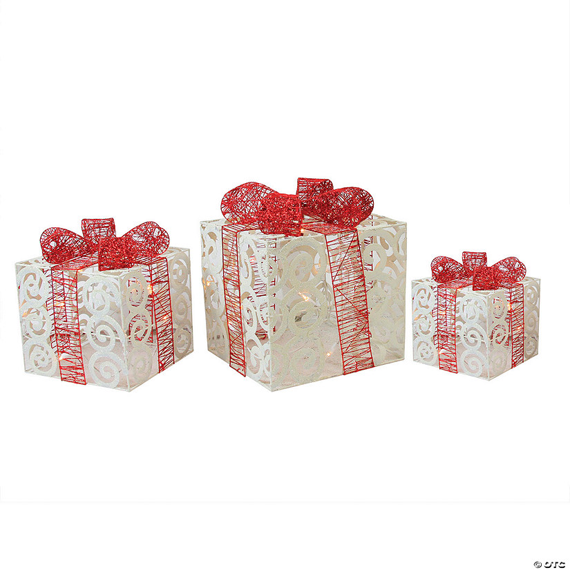 Northlight - Set of 3 Sparkling White Swirl Glitter Lighted Gift Boxes Outdoor Christmas Yard Decor Image