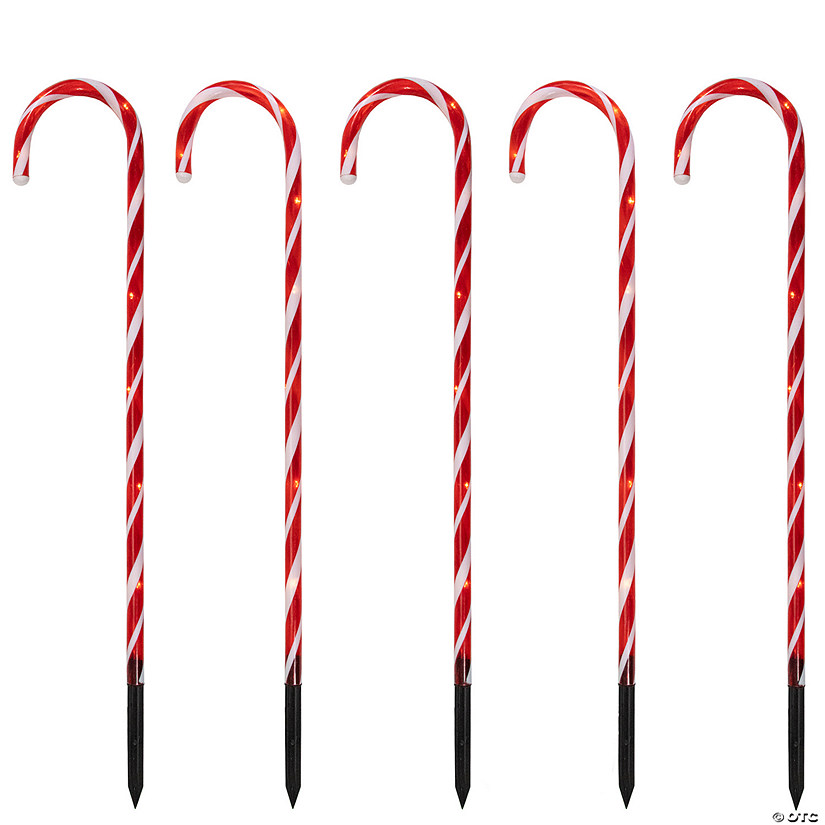 Northlight Set of 5 Red Lighted Candy Cane Christmas Lawn Stakes 28" Image