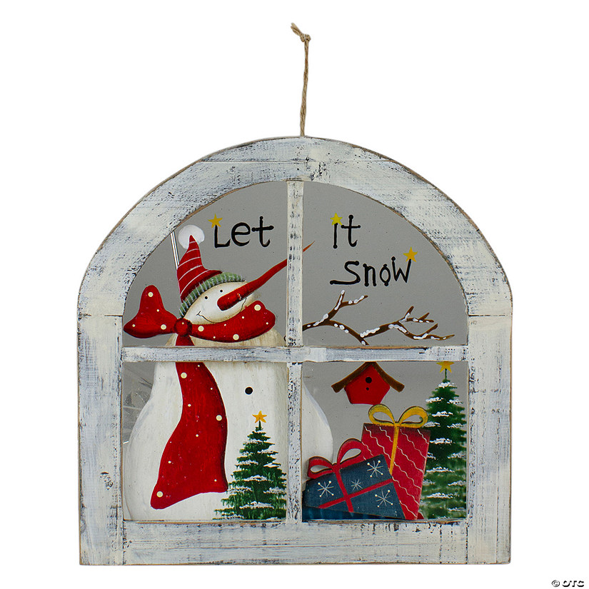 Northlight White Rustic "Let It Snow" Snowman Glass Window Scene Christmas Wall Decor Image