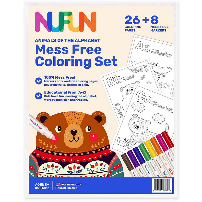 NuFun Activities Animals Of The Alphabet Mess Free Coloring Set - Mess Free Paper 8.5"x11" - (26 Preprinted Pages And 8 Markers) Image