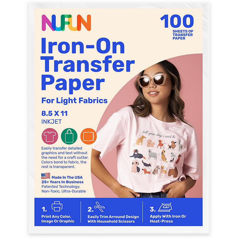 NuFun Activities Inkjet Printable Iron-On Heat Transfer for Dark Fabrics, 8.5 x 11 inch, (100 Sheets)