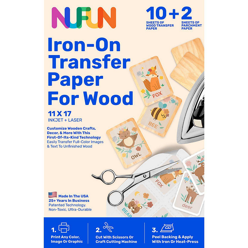 NuFun Activities Printable Iron-On Heat Transfer Paper for Wood, 10 Sheets 11 x 17 inch, Long Lasting, Durable, Professional Quality, Easy DIY