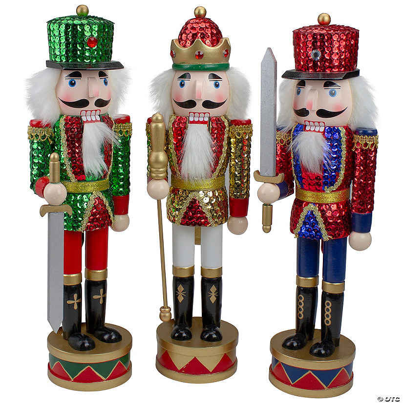 Nutcracker Factory - 14" Set of 3 Sequin Jacket Christmas Nutcrackers Tabletop Decor Image