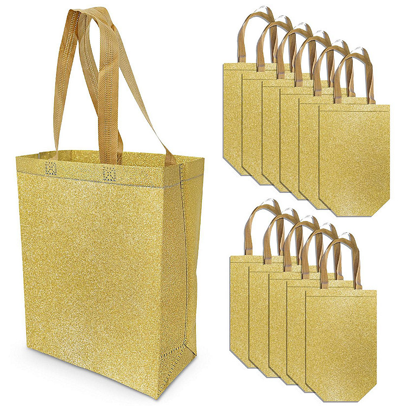OccasionALL Gold Gift Bags Large Gold Reusable Gift Bag Tote with Handles 10x5x13 Inch 12 Pack