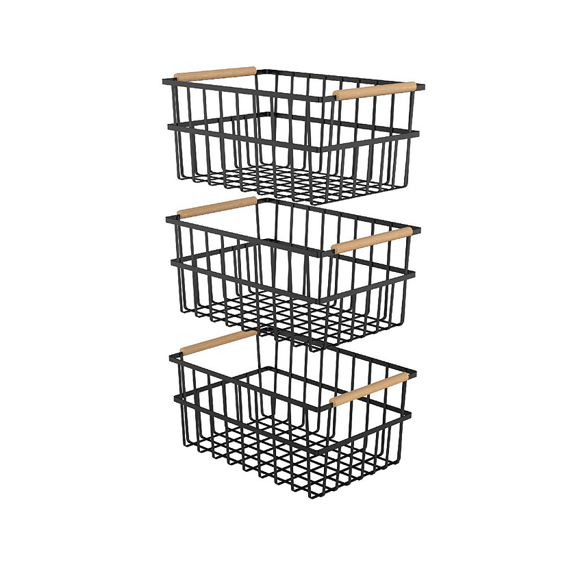 Oceanstar Metal Wire Organizer Bin Basket with Handles, Set of 3, Black Image