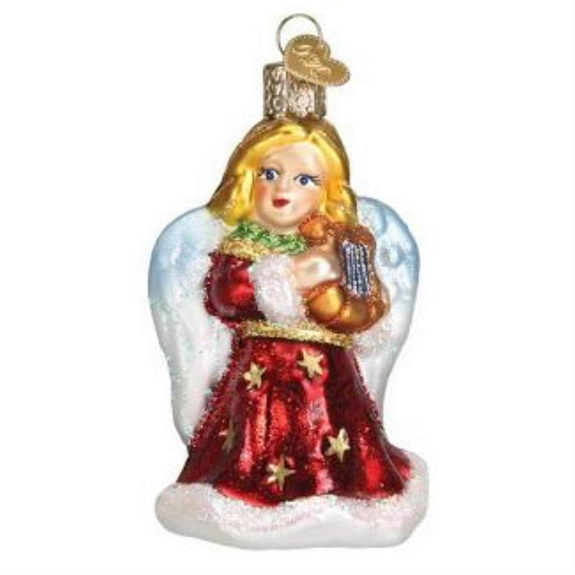 Old World Blown Glass Christmas Tree Ornament, Red Angel Holding Lyre Image