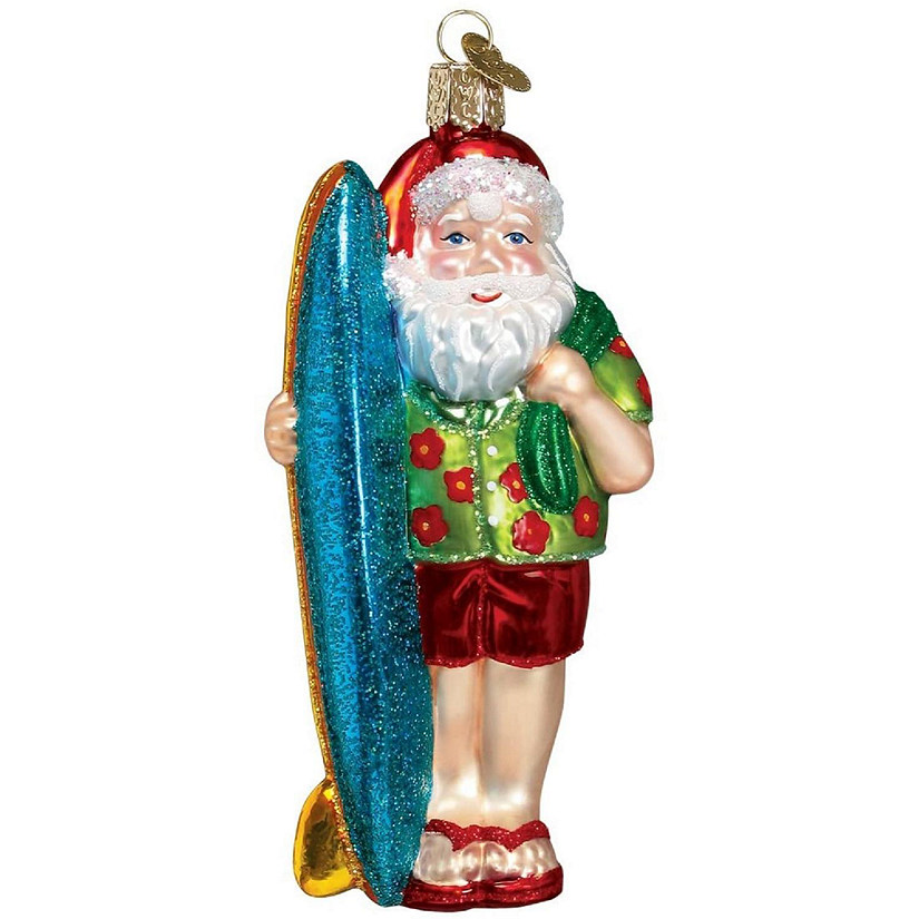 Old World Christmas Glass Blown Tree Ornament, Surfer Santa Image