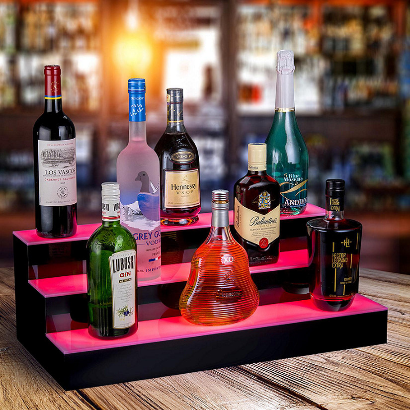 OnDisplay Luxe Acrylic LED Lighted Bar Stage Display - Expandable Glowing Liquor Bottle Shelf (Black 24") Image
