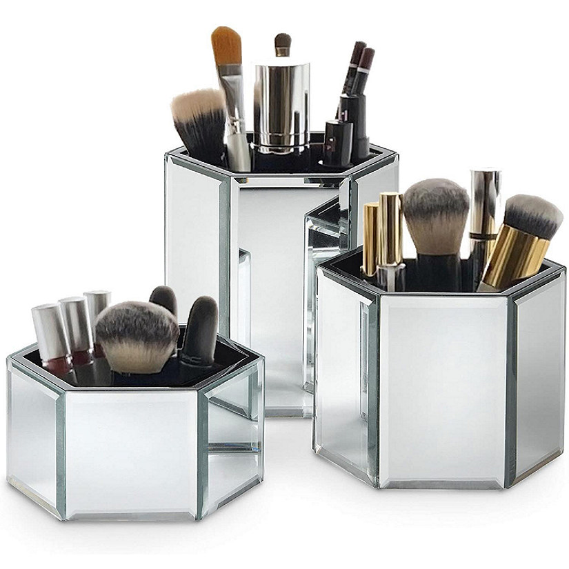 OnDisplay Tressa Set of 3 Hexagon Mirrored Trays for Makeup/Cosmetics, Brushes, Office, Jewelry and Accessories (Silver) Image