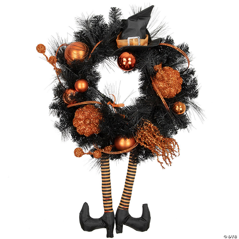 Orange and Black Witch and Pumpkins Halloween Wreath  24-Inch  Unlit Image