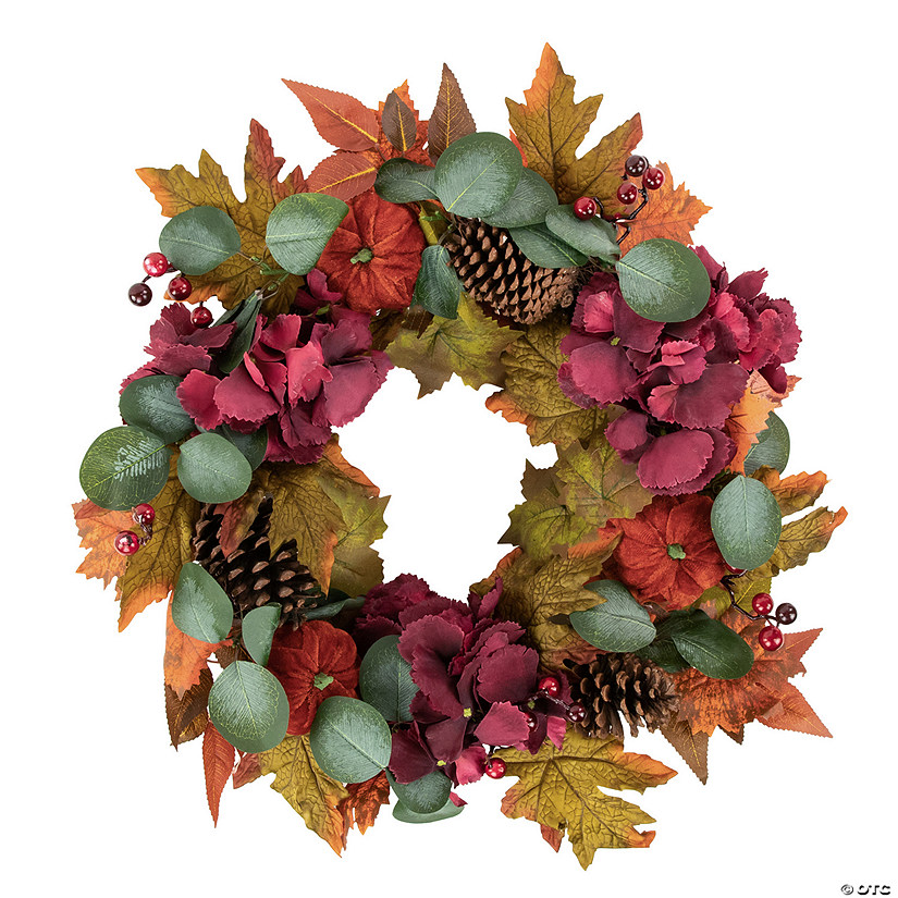 Orange and Burgundy Fall Harvest Artificial Floral and Pinecone Wreath  22-Inch Image