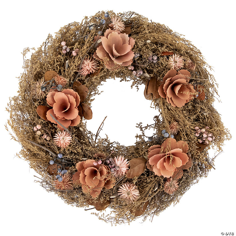 Orange and Coral Pink Twig and Floral Autumn Harvest Wreath  13.75-Inch  Unlit Image