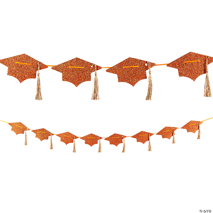 Orange Glitter Tassel & Graduation Cap Party Garland Image