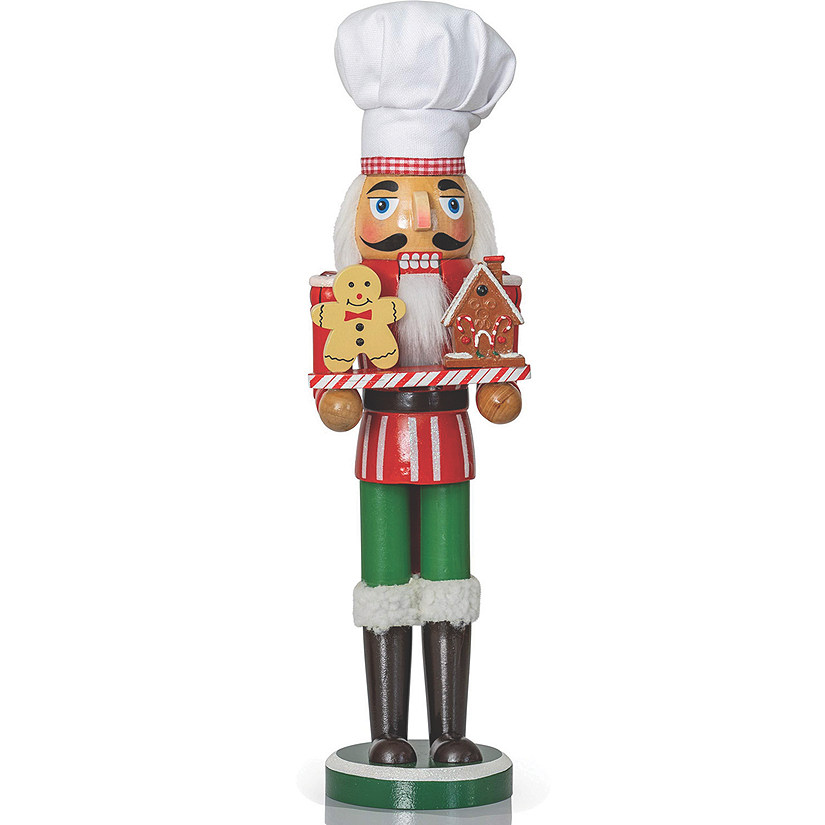 Ornativity Christmas Chef Nutcracker Figure Wooden Chef Hat Nutcracker with Gingerbread Man and House Holiday Decoration Image