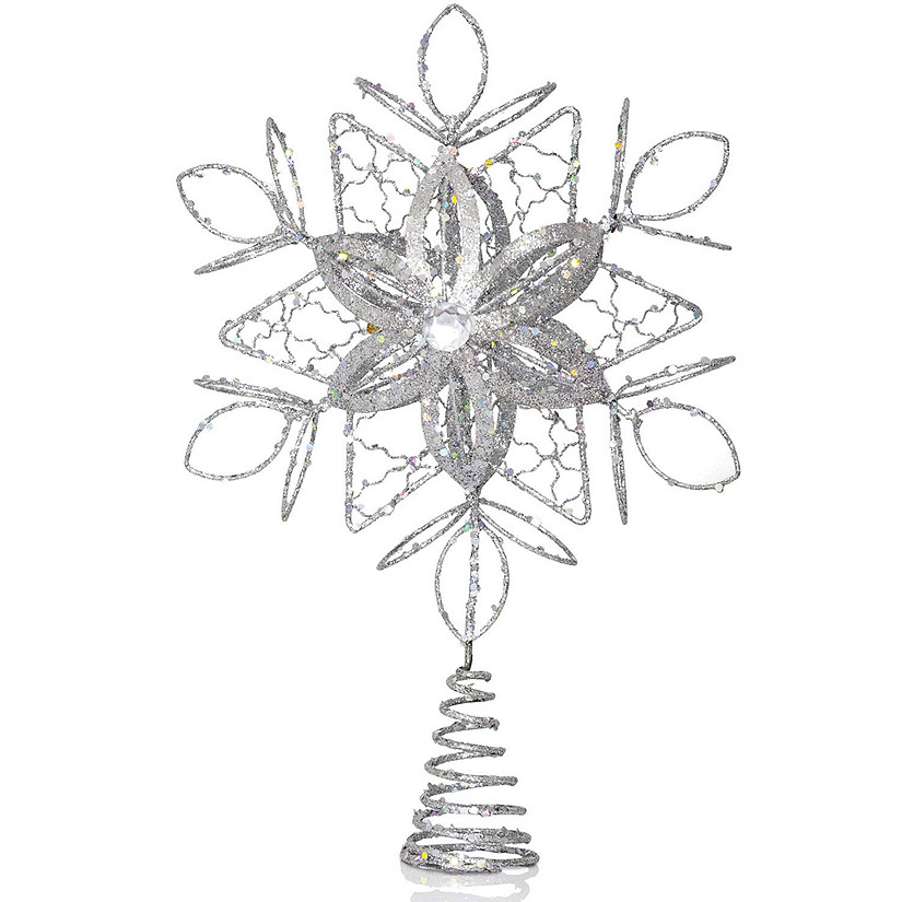 Ornativity Flower Snowflake Tree Topper - Christmas Glitter Silver Flower Snow Flake Star Ornament Treetop Decoration Image