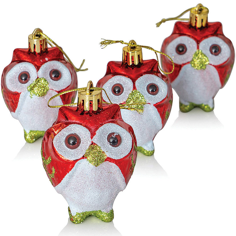 Ornativity Glitter Christmas Owl Ornaments - Snowy Glitter White and Red Animal Owls Christmas Tree Ornament Decorations - 4 Birds Image