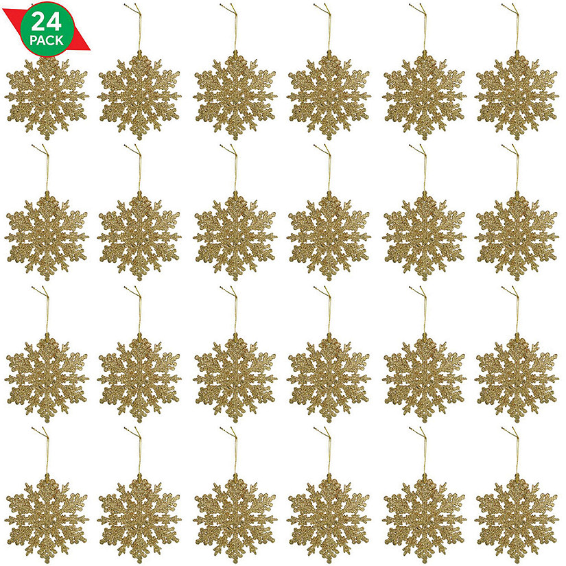 Ornativity Glitter Snowflake Ornaments - Holiday Wedding Plastic Sparkling Hanging Snowflakes Pack of 24 Gold