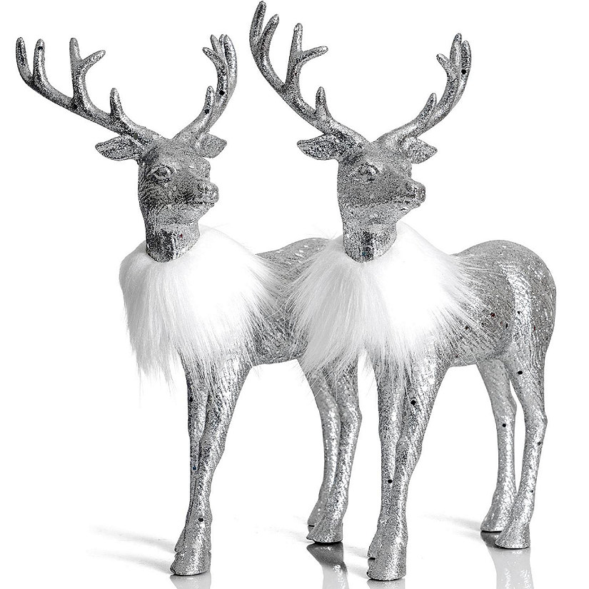 Ornativity Silver Glitter Christmas Reindeer - Holiday Party Deer Figurine Statues Dinner Tabletop Decorations Centerpiece - Pack of 2 Image