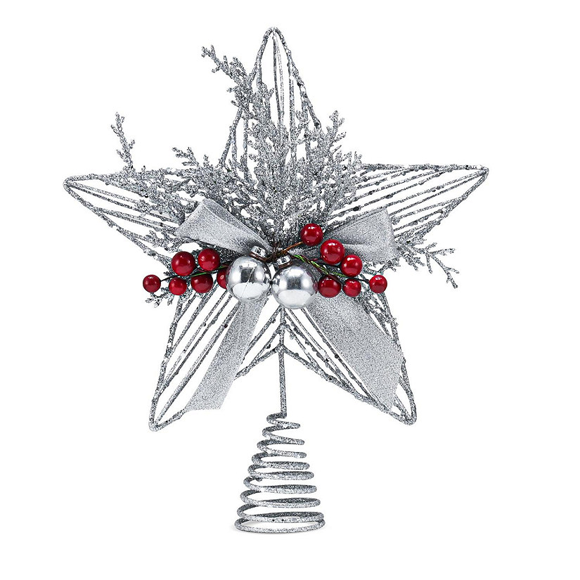 Ornativity Silver Star Tree Topper - Christmas Glitter Silver Star Tree Topper with Silver Bells and Mistletoe Image