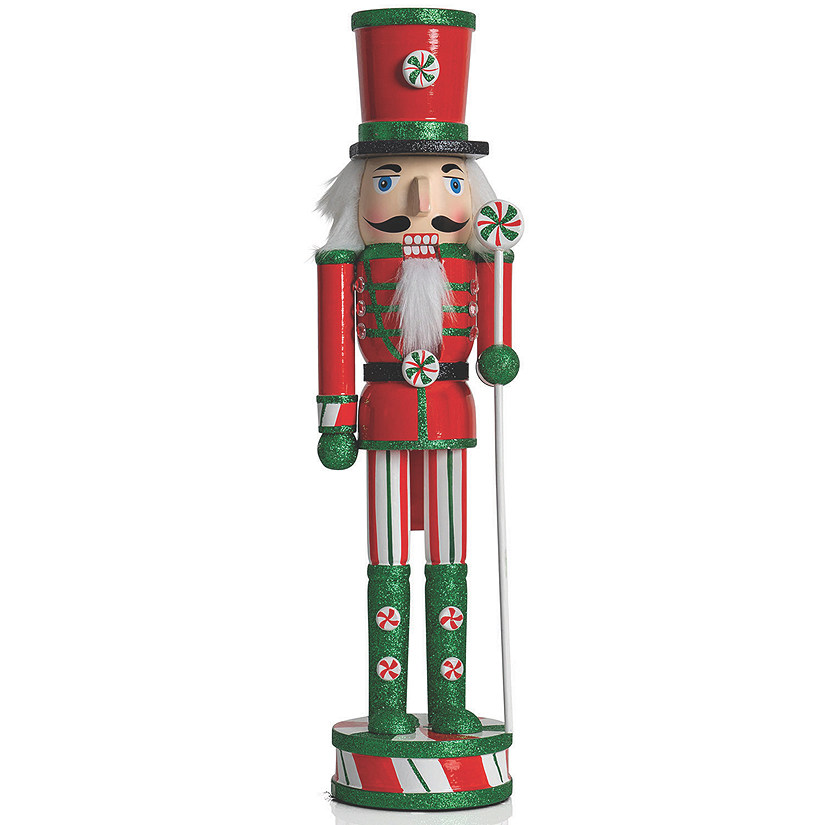 Ornativity Wooden Peppermint Christmas Nutcracker - Red, White and Green Glitter Candy Themed Holiday Nut Cracker Doll Figure Toy Soldier Decorations Image
