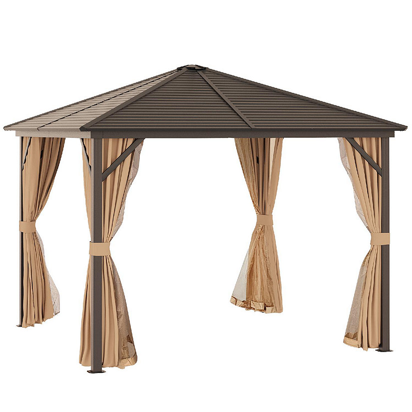 Outsunny 10' x 10' Outdoor Hardtop Patio Gazebo Steel Canopy Aluminum Frame Curtains and Top Hook Light Brown Image