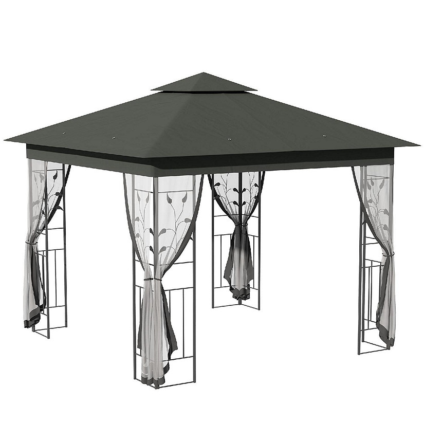 Outsunny 10' x 10' Outdoor Patio Gazebo Canopy 2 Tier Polyester Roof Curtain Sidewalls and Steel Frame Grey Image