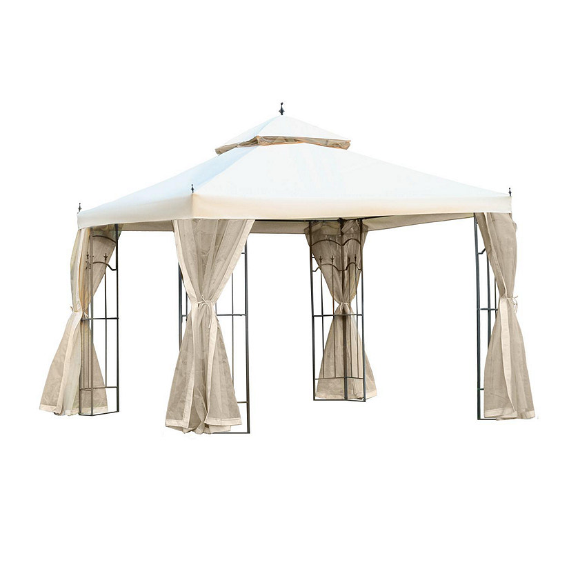 Outsunny 10' x 10' Steel Outdoor Patio Gazebo Canopy Removable Mesh Curtains Display Shelves and Steel Frame Cream White Image
