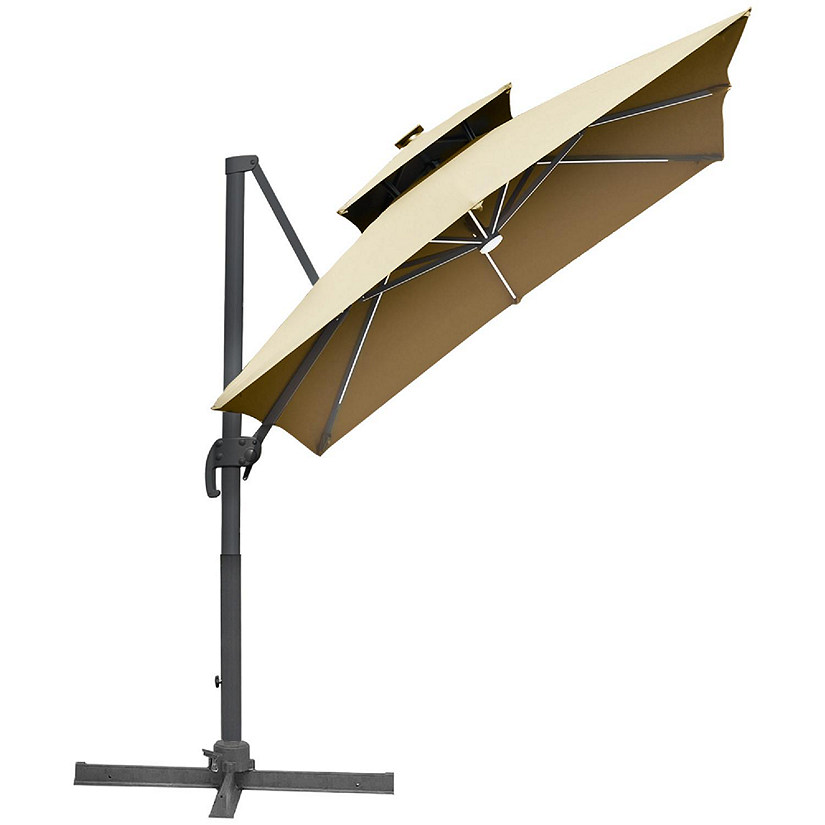 Outsunny 10ft Solar LED Cantilever Umbrella Offset Hanging Umbrella 360 degreeRotation Cross Base 8 Ribs Tilt and Crank for Yard Garden and Poolside Khaki Image