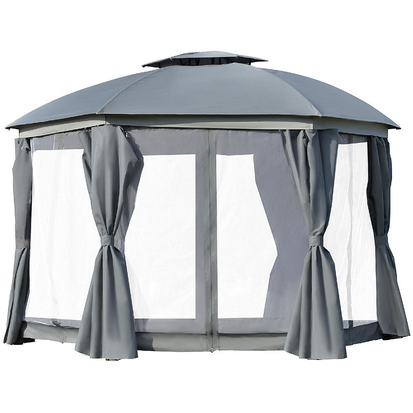 Outsunny 12' x 12' Round Outdoor Patio Gazebo Canopy 2 Tier Roof Netting Sidewalls and Strong Steel Frame Grey Image