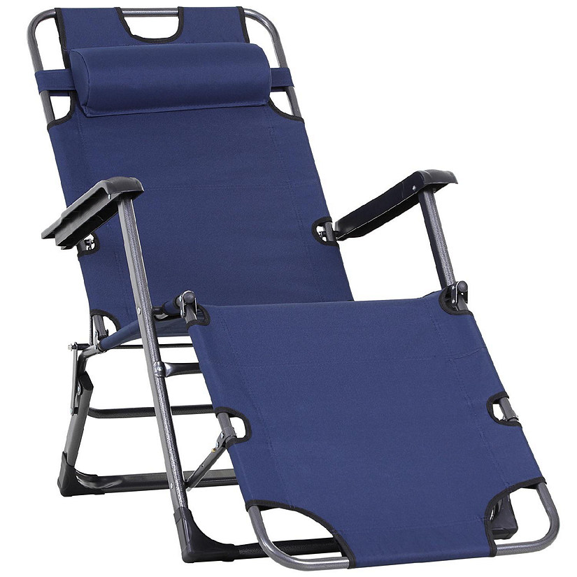 Outsunny 2 in 1 Folding Patio Lounge Chair w/ Pillow Outdoor Portable Sun Lounger Reclining to 120 degree/180 degree Oxford Fabric Navy Image