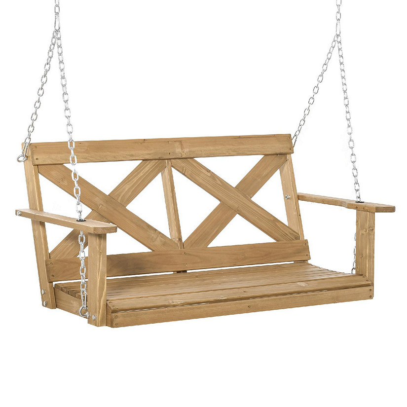 Outsunny 2 Person Wooden Porch Swing Sturdy Steel Chains and Rustic X Shaped Design for the Outdoors Natural Image