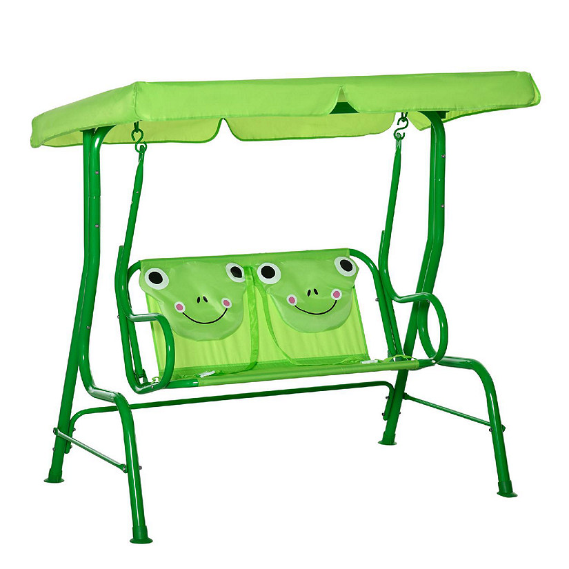 Outsunny 2 Seat Kids Canopy Swing Children Outdoor Patio Lounge Chair for Garden Porch Adjustable Awning Seat Belt Frog Pattern for 3 6 years old Green Image