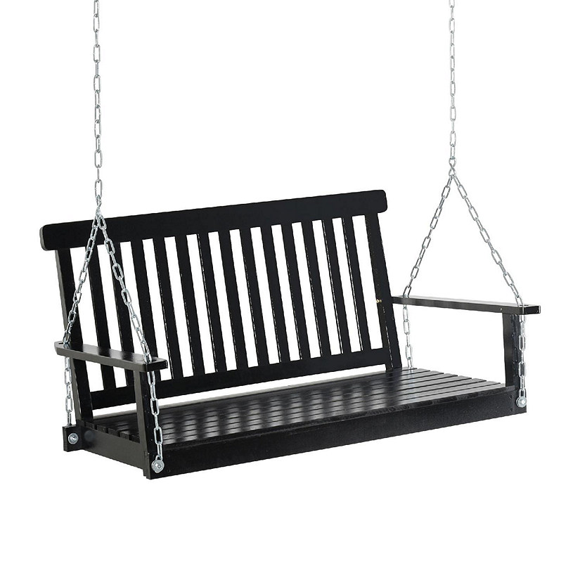Outsunny 2 Seater Outdoor Patio Porch Swing Chair Seat Slatted Build Hanging Chains Fir Wooden Design Black Image