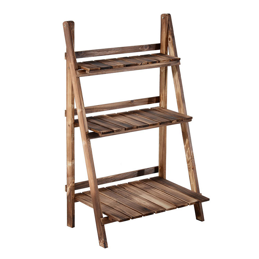 Outsunny 23" x 14.25" x 36" 3 Level Rustic Wooden Folding Plant Stand Slat Bottom and Elevated Vertical Design Image
