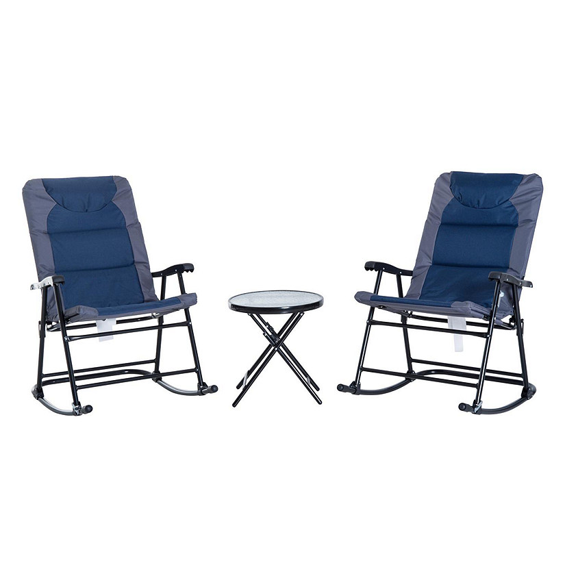 Outsunny 3 Piece Foldable Rocking Chair Outdoor Padded Bistro Set Glass Table Top Blue Image