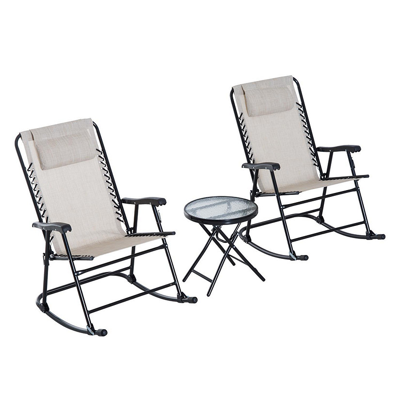 Outsunny 3 Piece Outdoor Rocking Bistro Set Patio Folding Chair Table Set Cream White Image