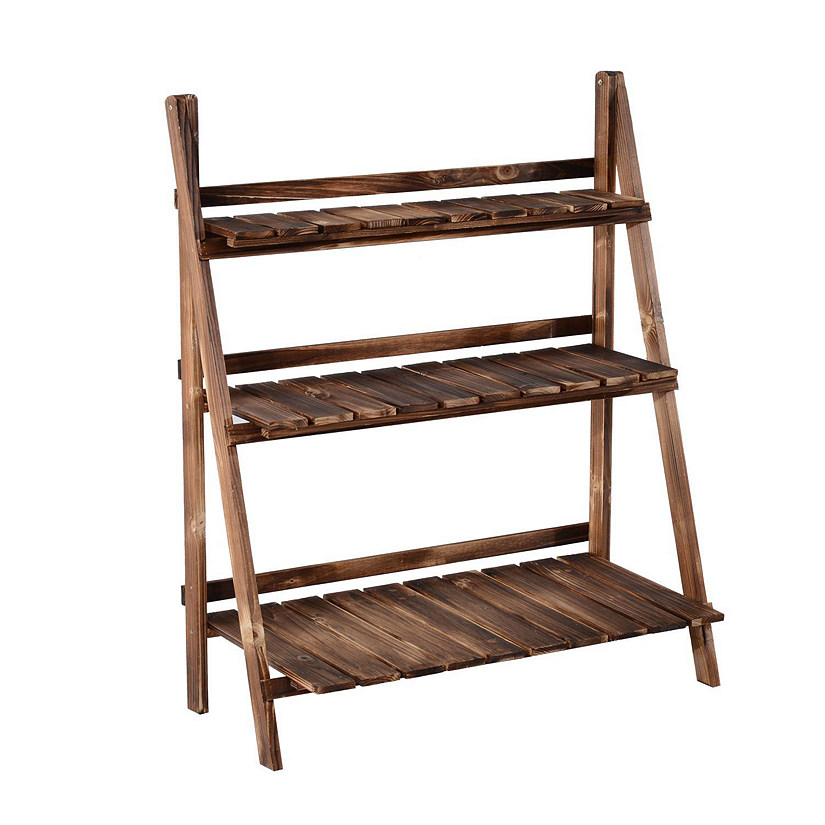 Outsunny 31" x 14" x 37" 3 Level Rustic Wooden Folding Plant Stand Slatted Bottom and Elevated Vertical Design Image