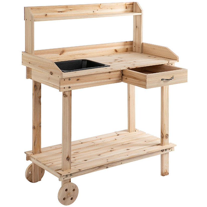 Natural Outsunny 36 Wooden Potting Bench Work Table with 2 Removable Wheels Drawer & Large Storage Spaces Sink 
