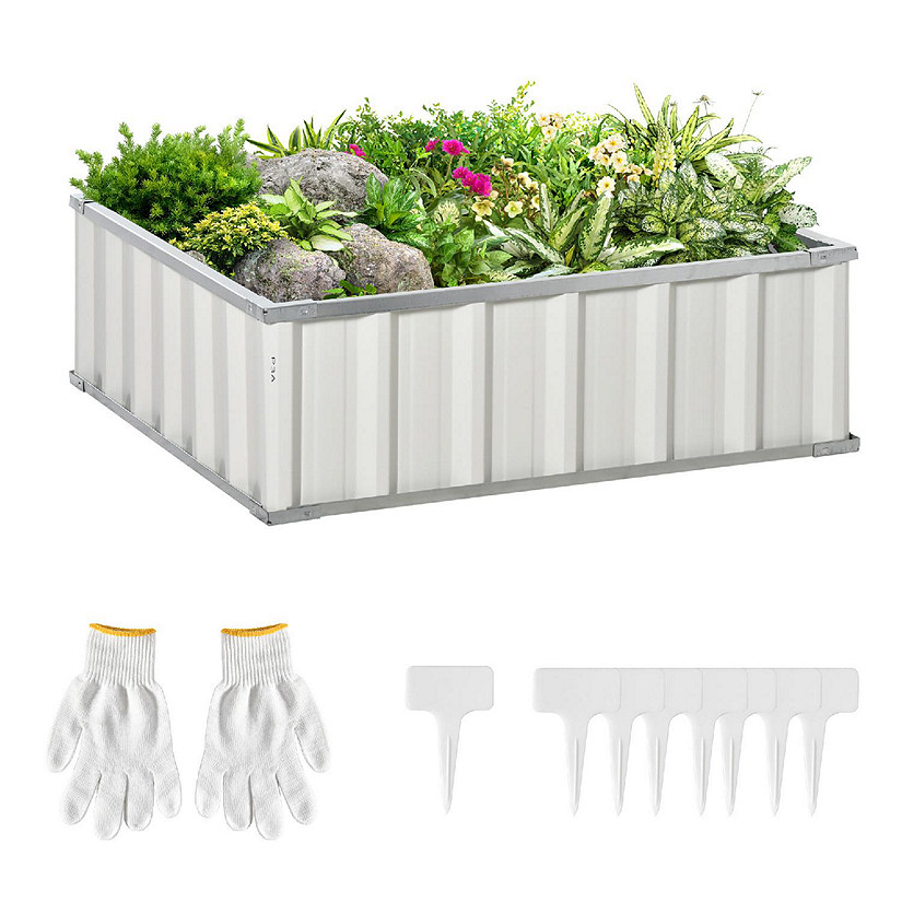 Outsunny 3x3ft Metal Raised Garden Bed Steel Planter Box No Bottom w/ A Pairs of Glove for Backyard Patio to Grow Vegetables Herbs and Flowers White Image